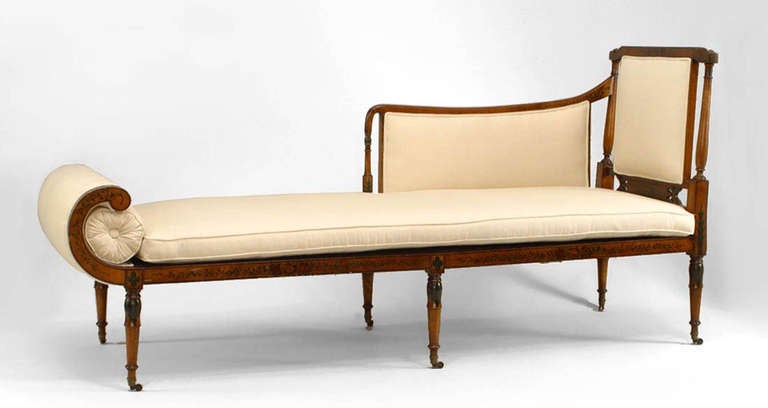 English Sheraton-style (19th Century) satinwood recamier with floral painted design and white upholstery with bolster and seat cushion
