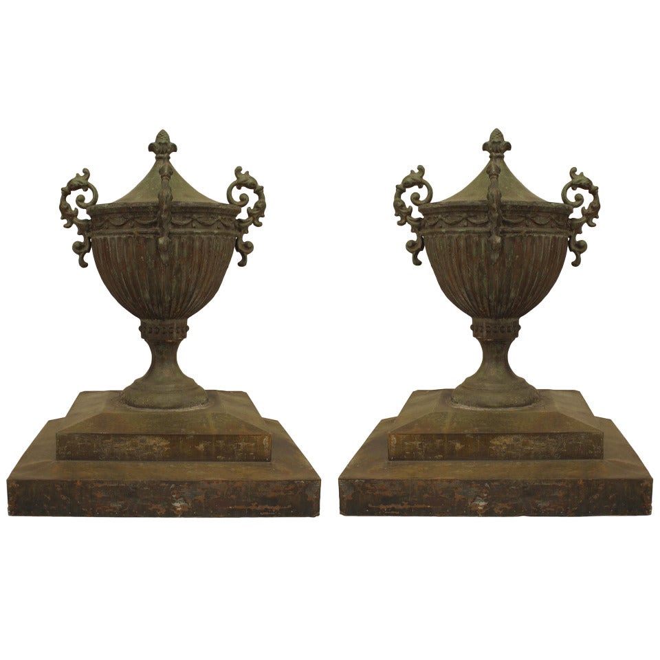 Pair of English Adam Copper Outdoor Urns