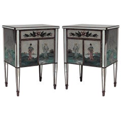 Pair of Italian Mid-Century Chinoiserie Mirrored Floral Bedside Commodes