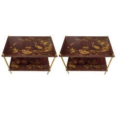 Pair Of English Regency Style Brown Lacquered Chinoiserie End Tables