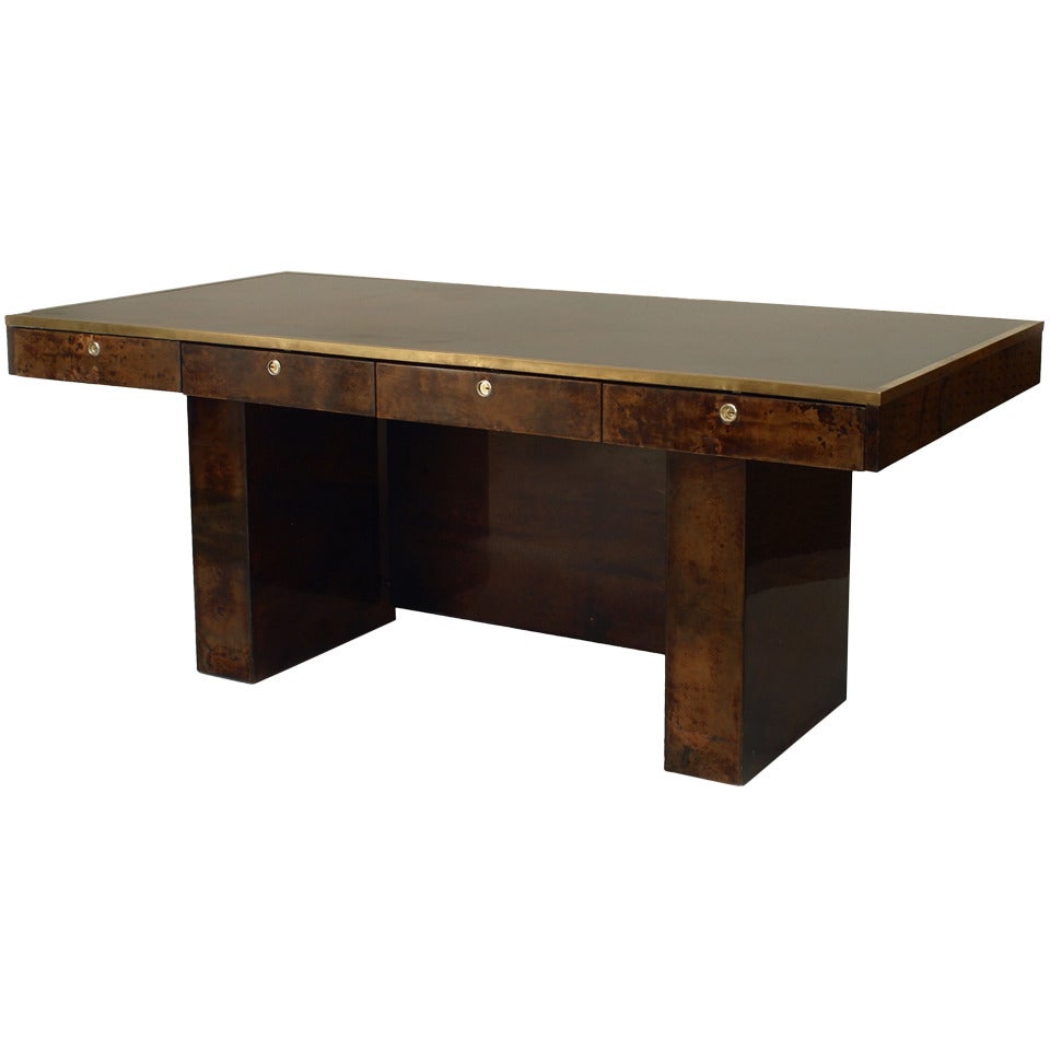 Aldo Tura Italian Brown Parchment Veneer Desk For Sale