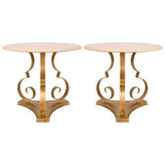 Pair Of Round Marble And Gilt Iron End Tables