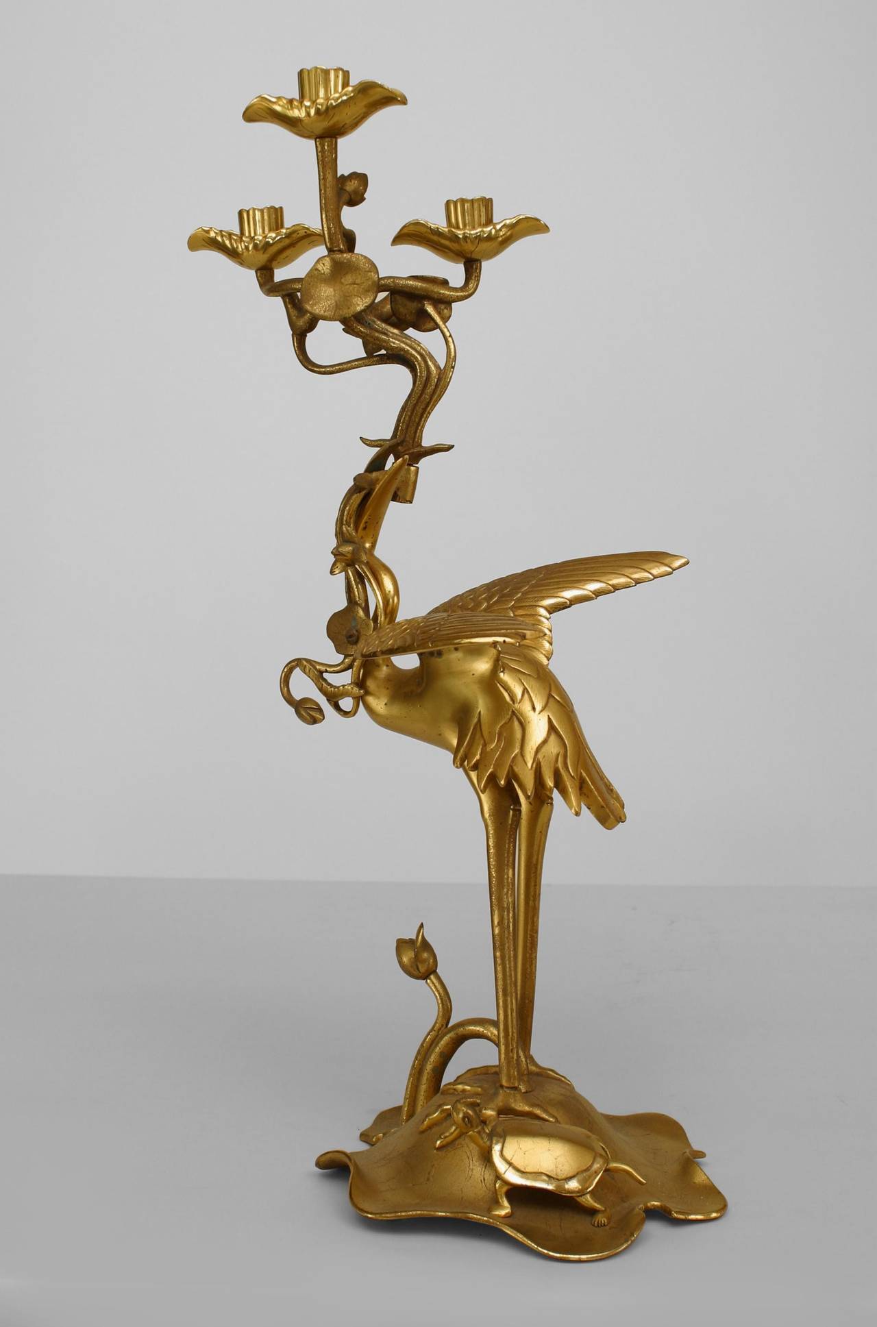 Ormolu Pair of English Regency Style Bronze Dore Heron Candelabras For Sale