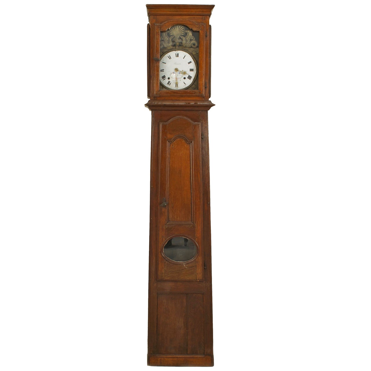 18th Century French Provincial Oak Grandfather Clock with an Enamel Griffin Face