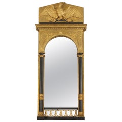 Antique Continental Swedish Empire Gilt and Ebonized Eagle Pediment Wall Mirror