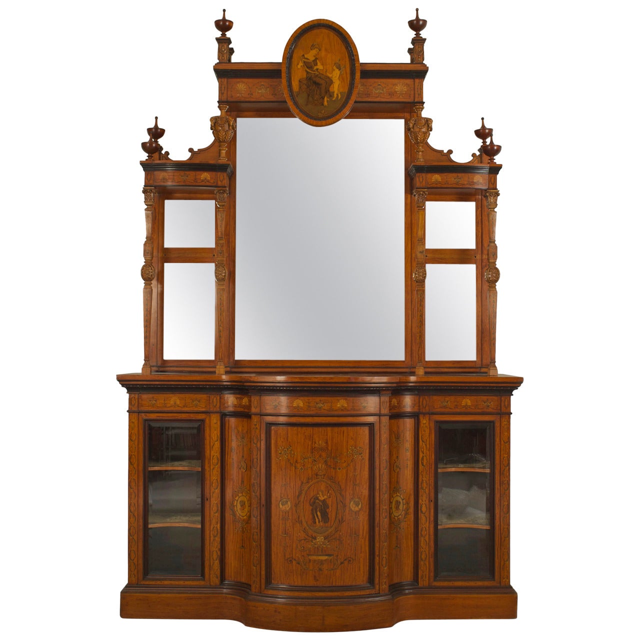 19th Century English Edwardian Mirrored Inlaid Satinwood Breakfront Cabinet