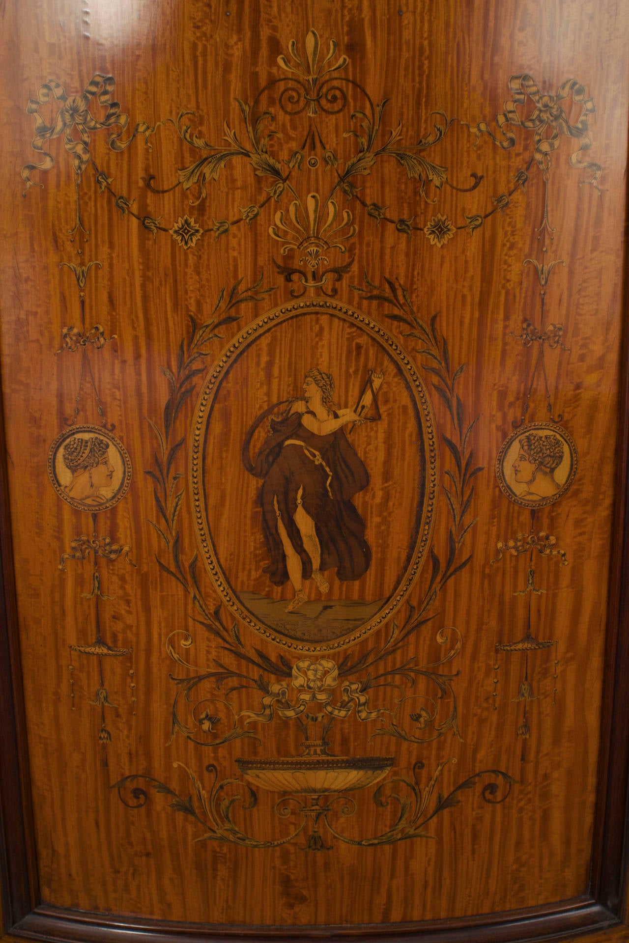 19th Century English Edwardian Mirrored Inlaid Satinwood Breakfront Cabinet 1