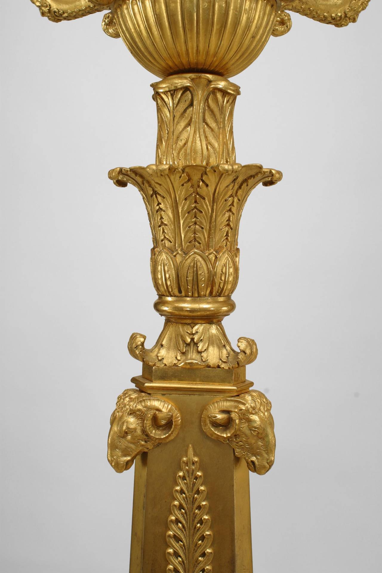 Ormolu Pair of French Empire Bronze Dore Ram Head Candelabras For Sale