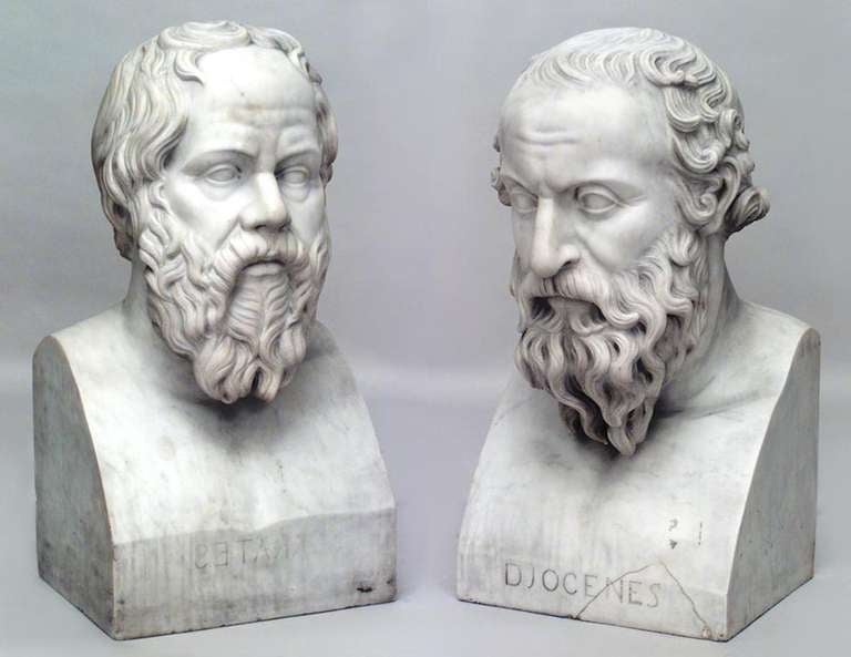 Pair of Grecian style (19th Cent) large than life size white marble busts of 