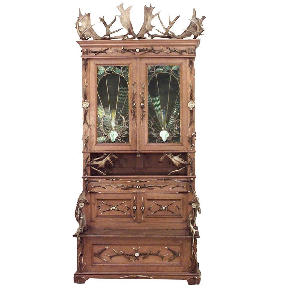 Rustic German Oak & Horn Cabinet For Sale