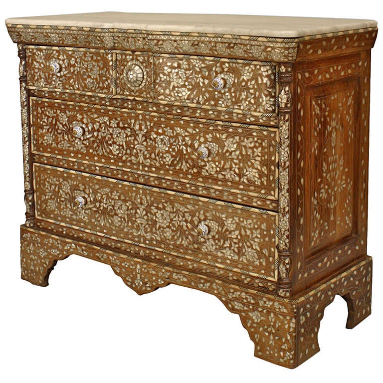 Middle Eastern Marble Top Inlaid Chest Of Drawers at 1stDibs