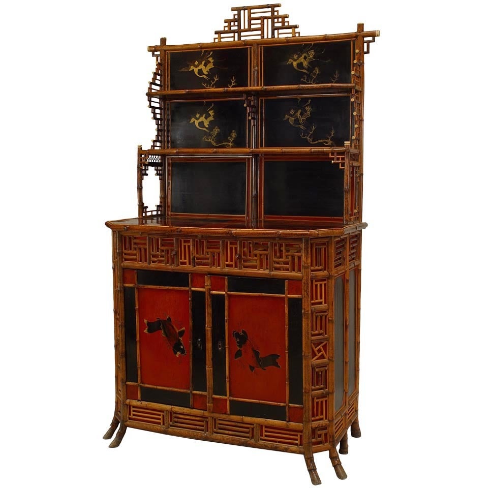English Regency Style Bamboo Etagere with Lacquered Panels