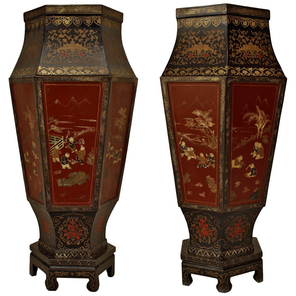 Pair of English Regency Style Lacquered Chinoiserie Floor Vases