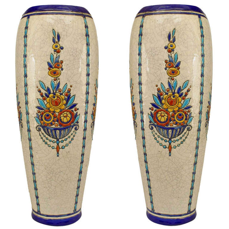 Pair Of Stamped And Numbered Belgian Art Deco Vases For Sale At