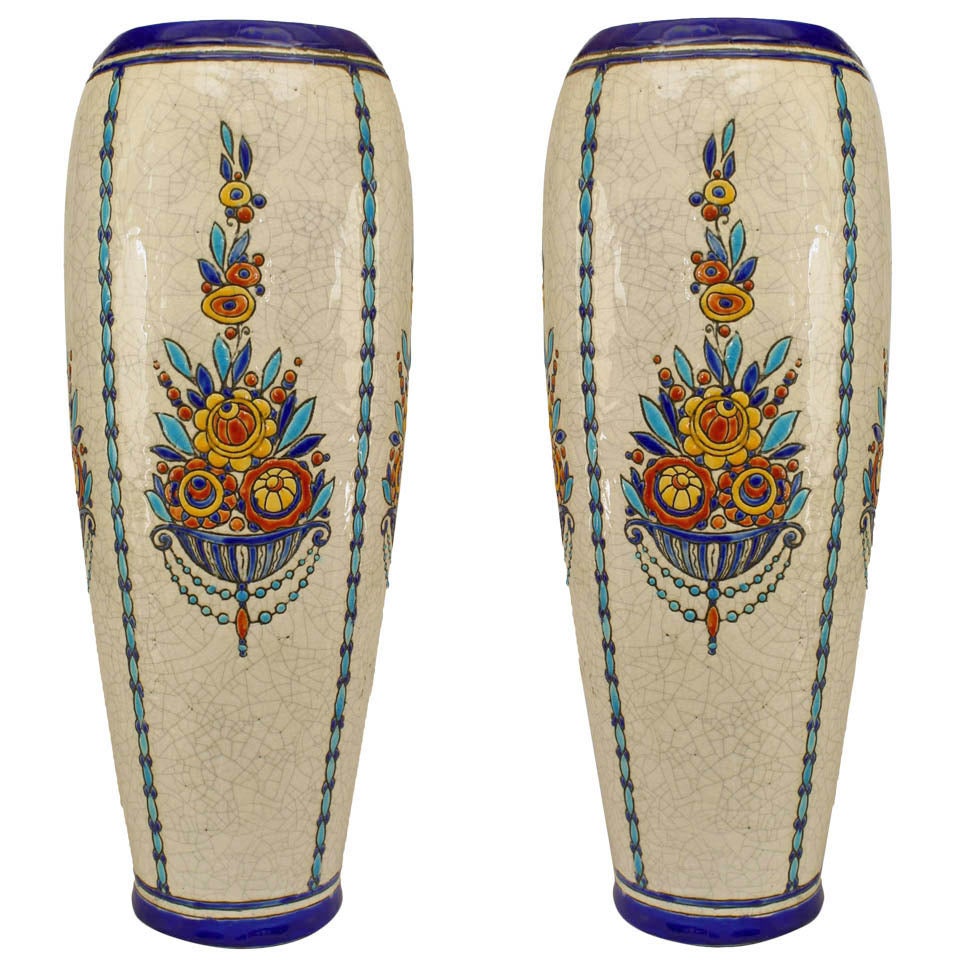 Pair of Belgian Art Deco La Louviere Earthenware Floral Vases For Sale