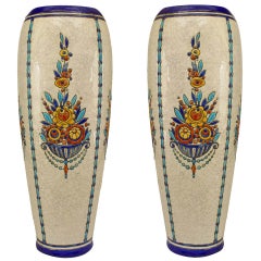 Pair of Belgian Art Deco La Louviere Earthenware Floral Vases