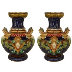 Pair Of Elaborate 19th c. Sarreguemine Majolica Vases