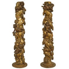 Pair Of 17th/18th c. Italian Baroque Columns With Cherub And Harvest Carvings 12