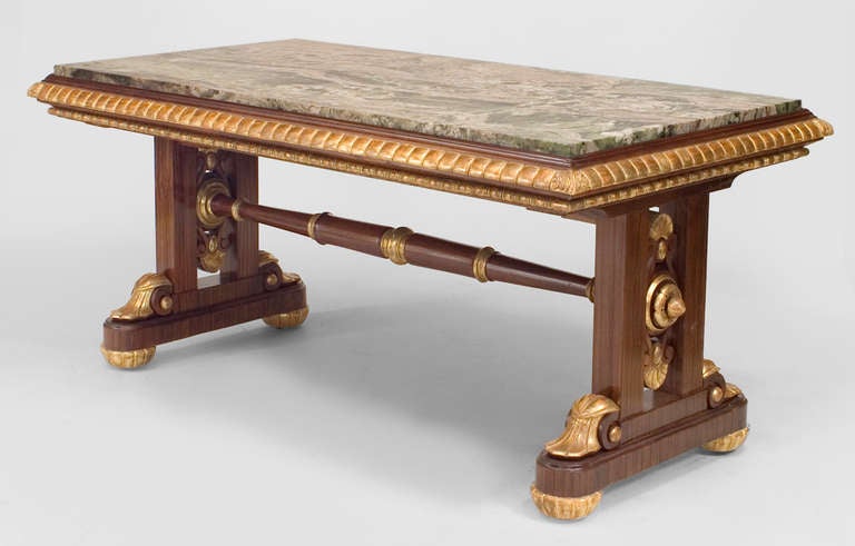 English Regency mahogany and gilt trimmed rectangular center table with double pedestal base and stretcher with an inset green Jasper marble top (attributed to GILLOWS).
