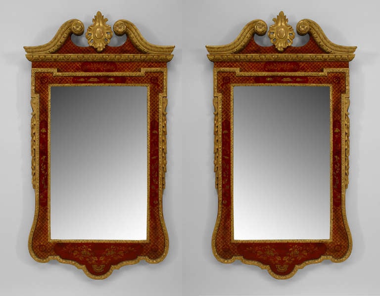 Pair of English Georgian (mid-18th Century) red lacquered and Chinoiserie decorated wall mirrors with gilt carved open pediment top with a centered cartouche. (Priced as Pair).
 