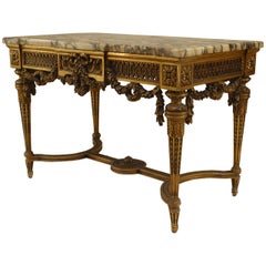 Table centrale française de style Louis XVI dorée avec plateau en marbre