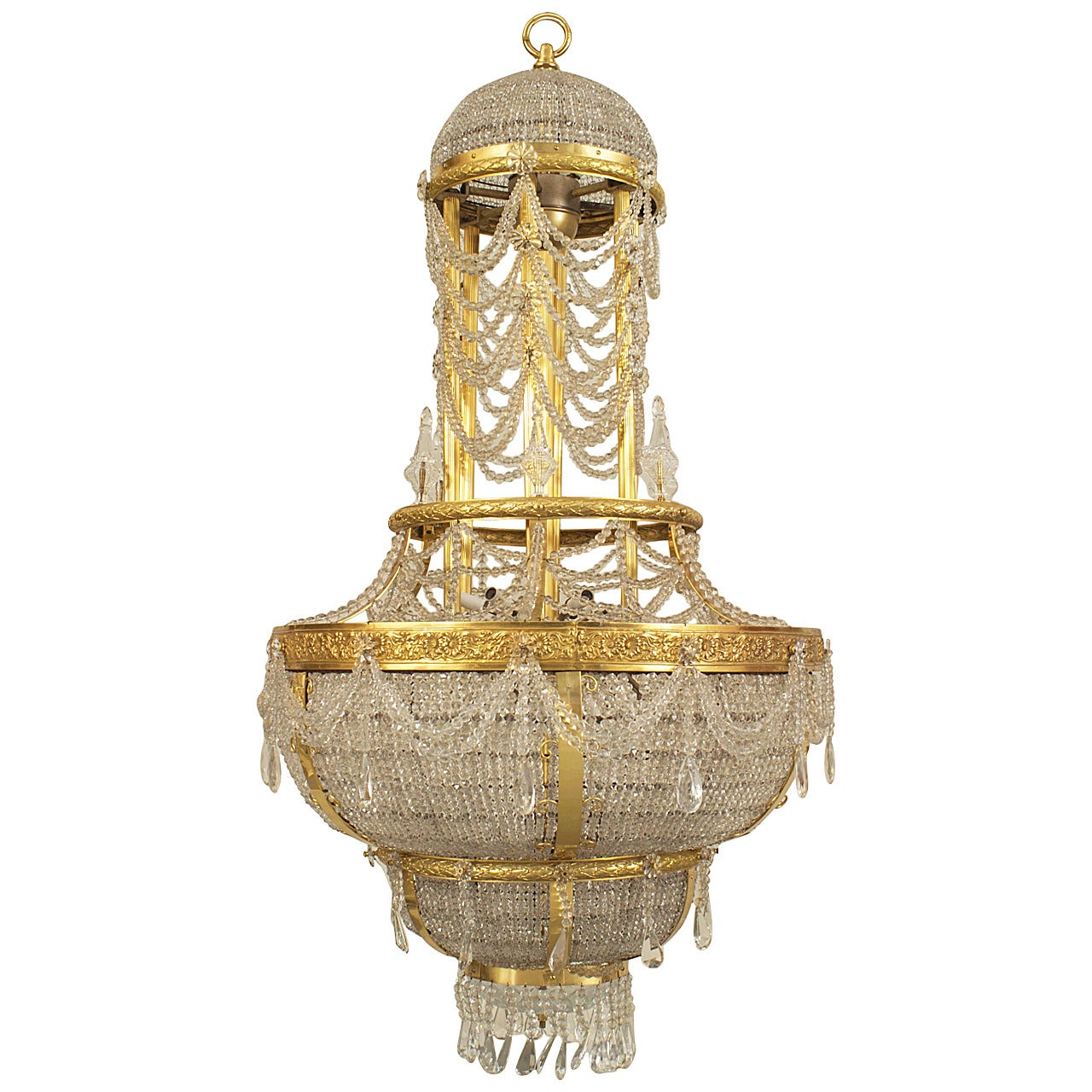 French Louis XVI Style Ormolu and Beaded Crystal Large Chandelier