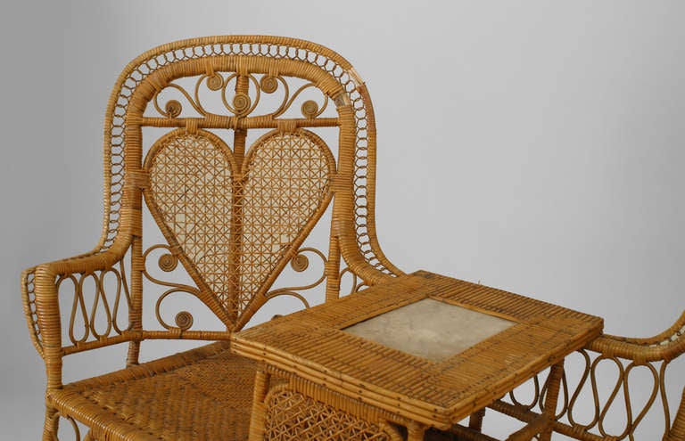 19th Century 19th c. Natural Wicker and Marble Tete-A-Tete