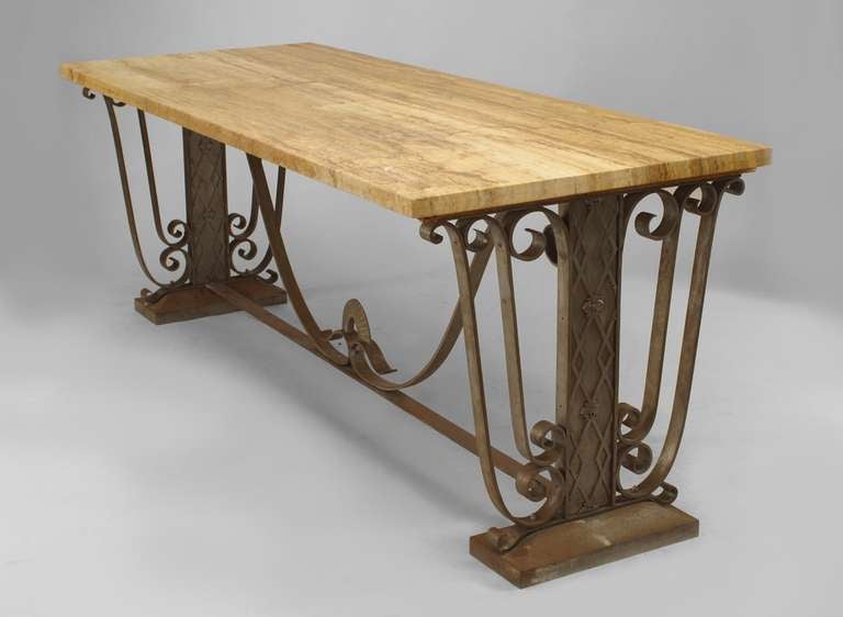 French Art Deco large rectangular iron scroll side center table with stretcher and yellow marble top
