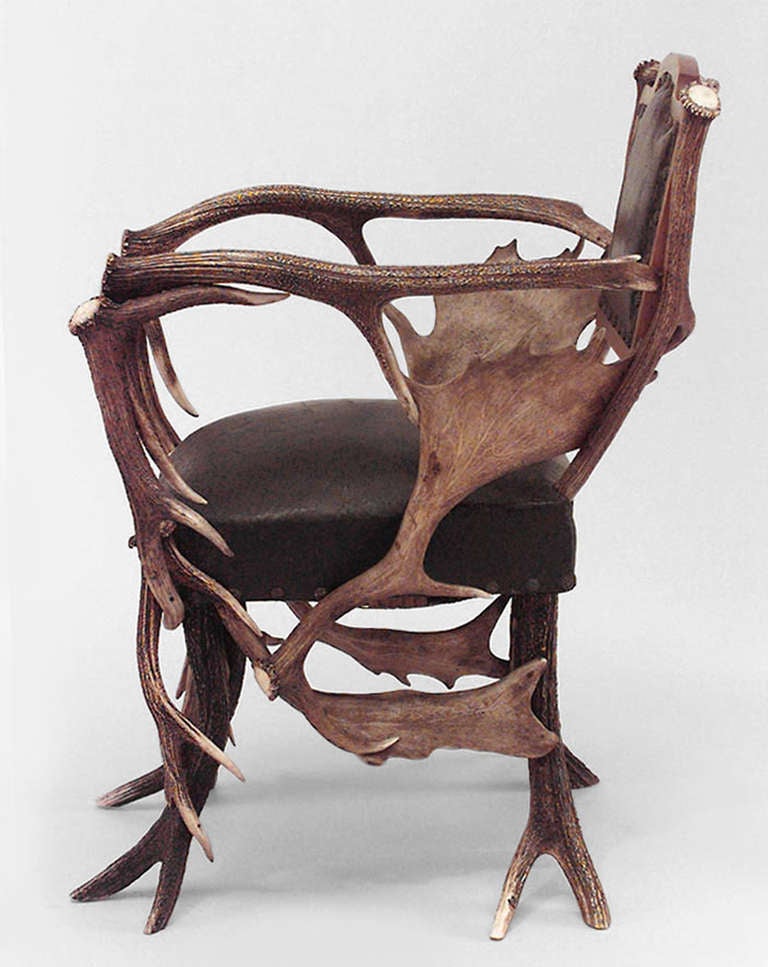 Rustic 19th c. German Antler Armchair With Leather Upholstery