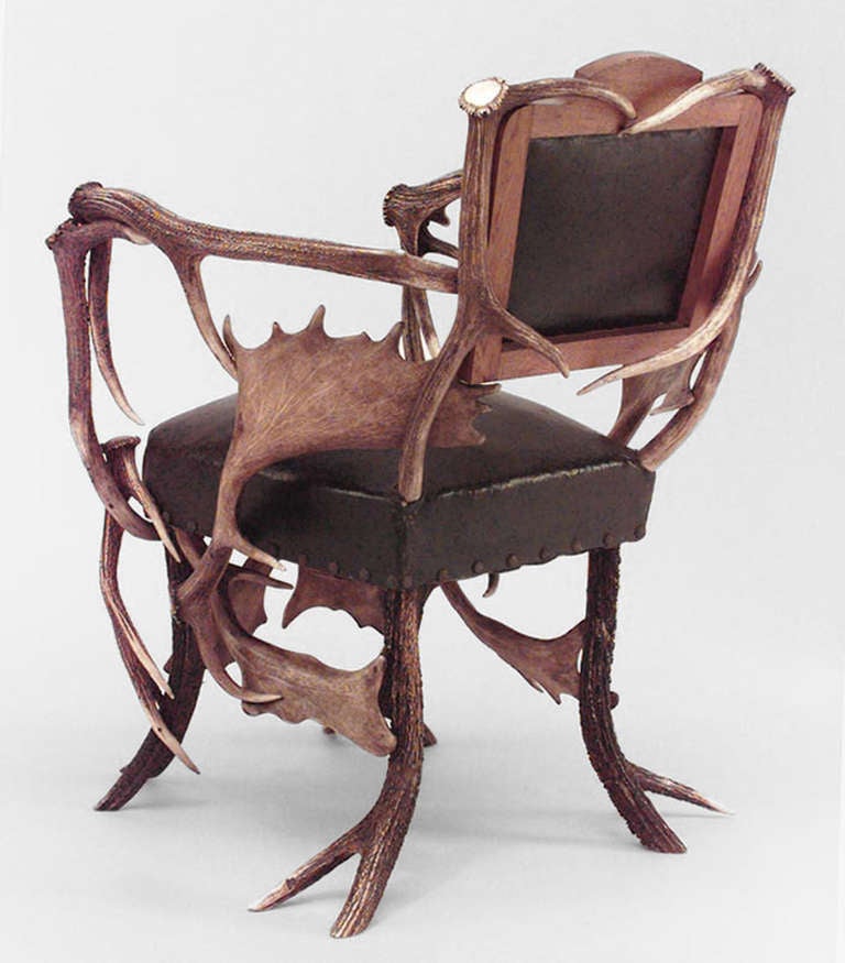 19th c. German Antler Armchair With Leather Upholstery In Excellent Condition In New York, NY