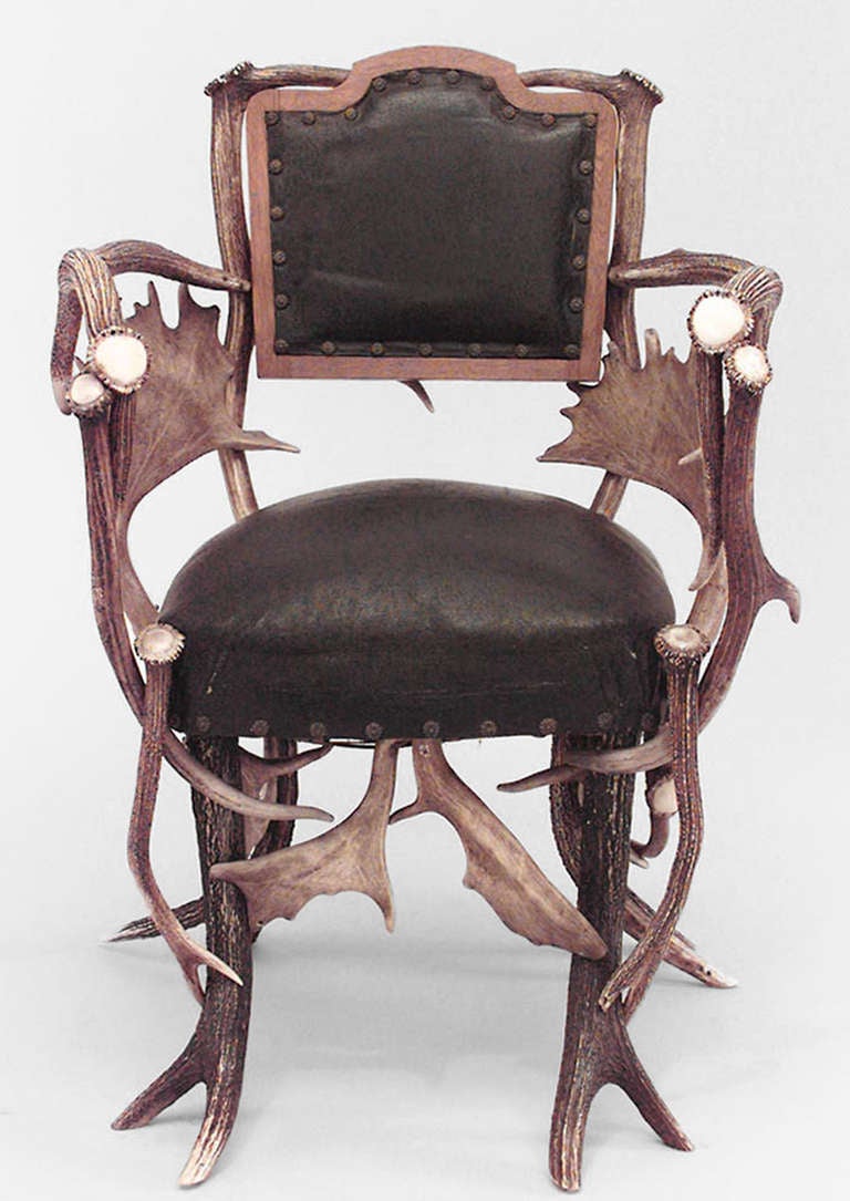 19th Century 19th c. German Antler Armchair With Leather Upholstery
