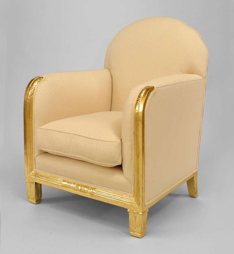 Wood MAURICE DUFRENE Pair of French Art Deco Gilt Club Chairs For Sale