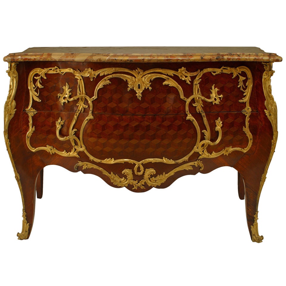 French Louis XV Style Parquetry Commode with Marble Top