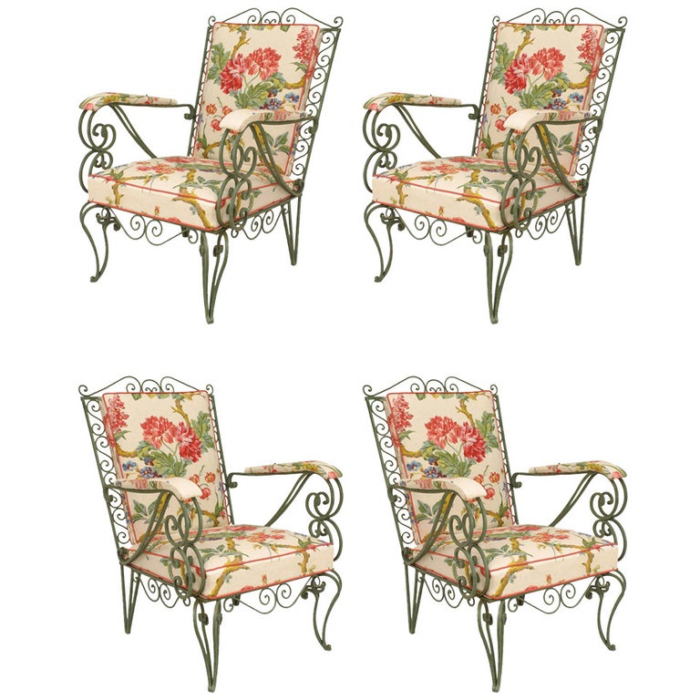 Set of 4 French Mid-Century Iron Scroll Arm Chairs For Sale at 1stDibs