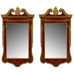 Pair of English Georgian Chinoiserie Red Lacquered Wall Mirrors