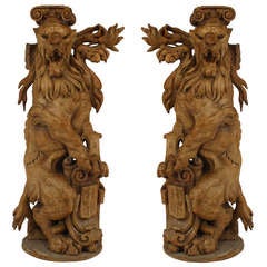 Spectacular Pair of Continental 18th Century Lions Rampant Pedestals