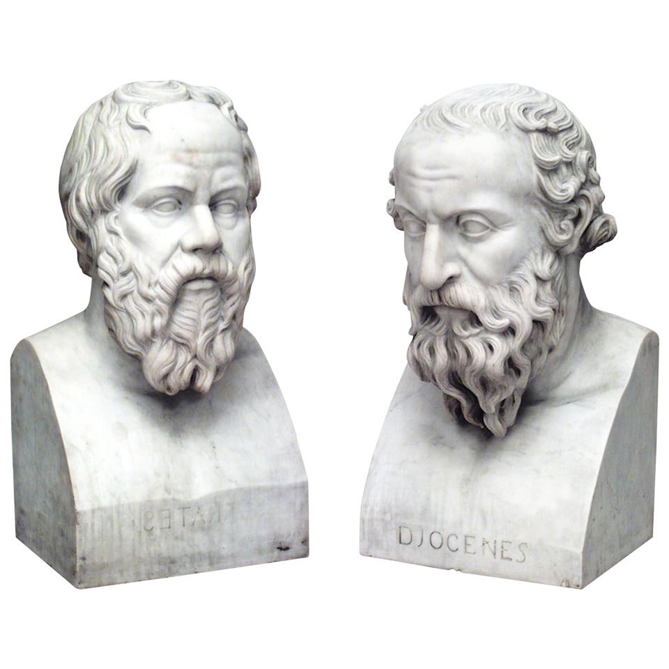 Paar neoklassizistische Diogenes- und Sokratenbüsten aus Marmor