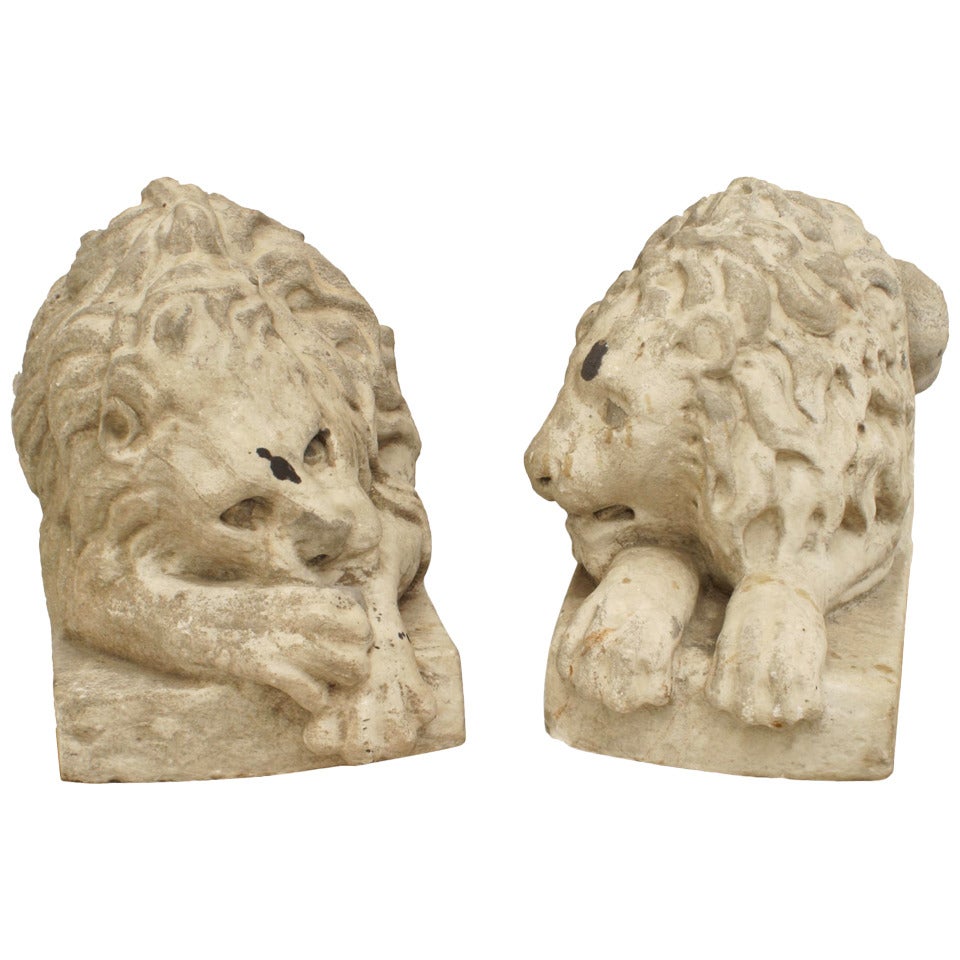 Pair of Outdoor White Marble Lion Statuaries