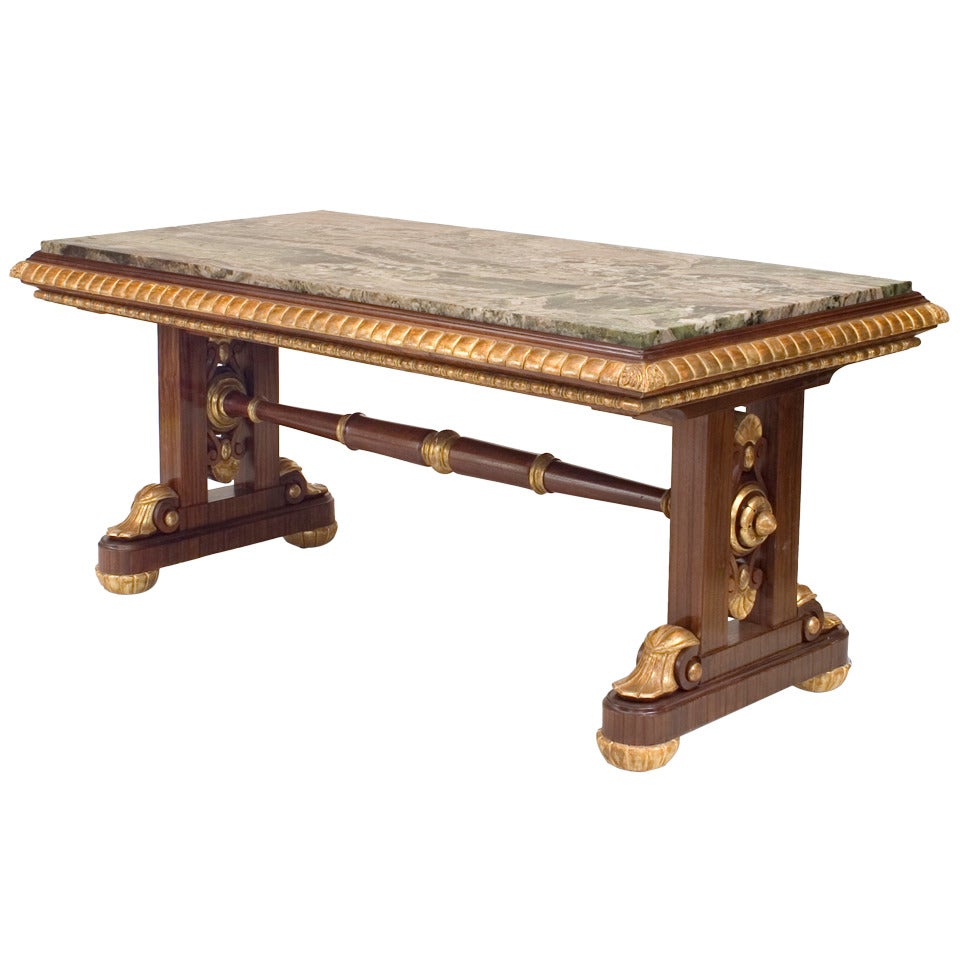 Table centrale de style Regency anglais en marbre jaspe et acajou