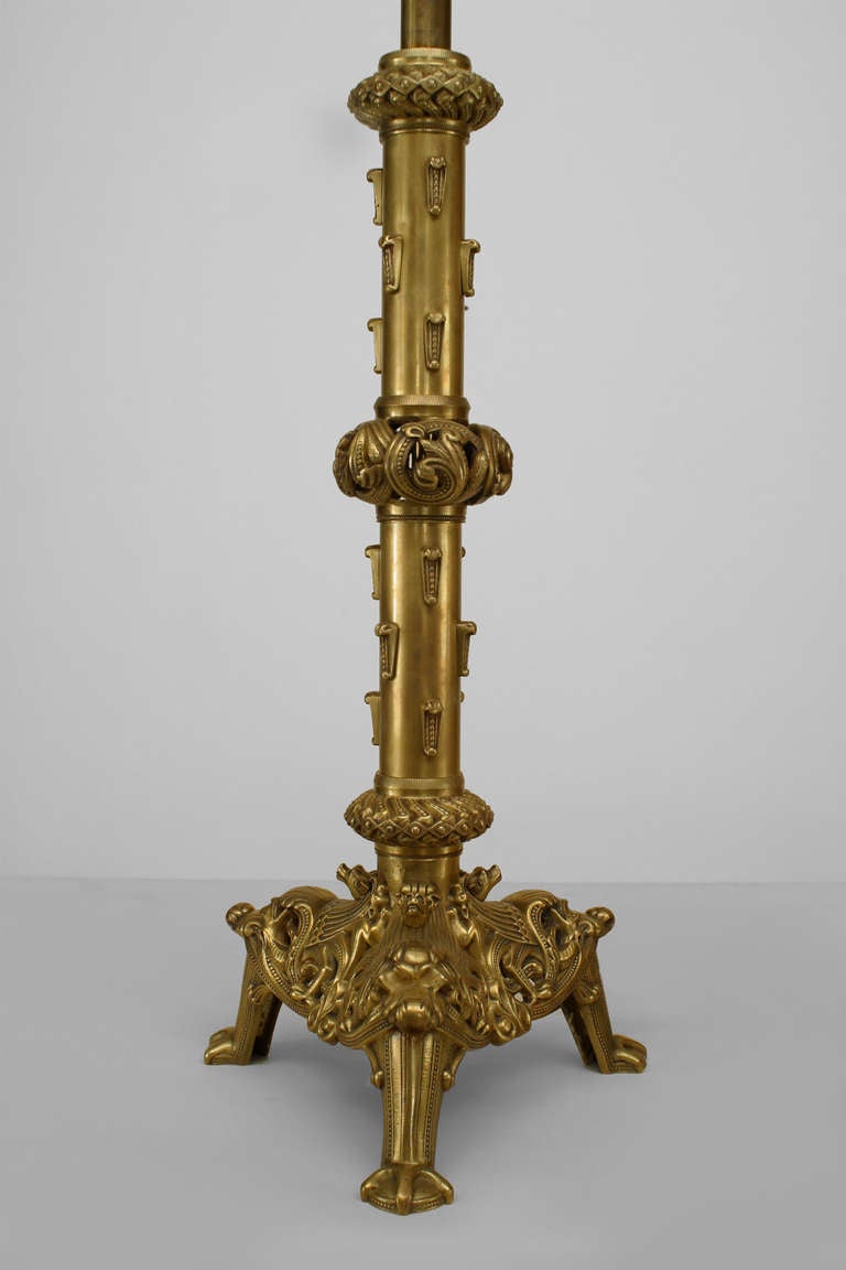 Pair of English Renaissance Style Brass Column Table Lamps In Excellent Condition For Sale In New York, NY