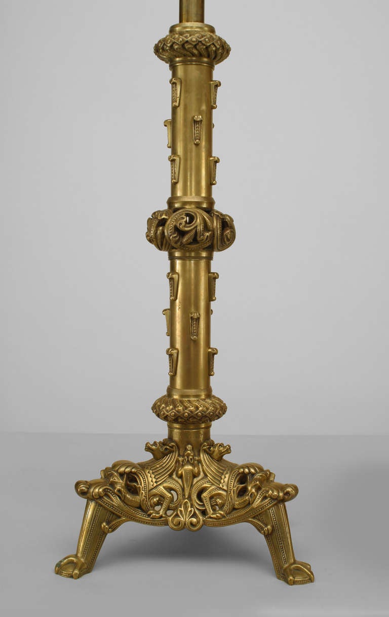 19th Century Pair of English Renaissance Style Brass Column Table Lamps For Sale