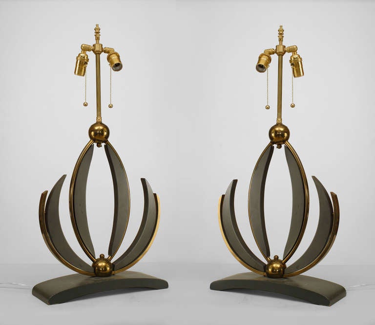 Pair of early 1960's American brass-trimmed grey-painted wood table lamps crafted in the form of open lotuses resting upon gently arched bases.