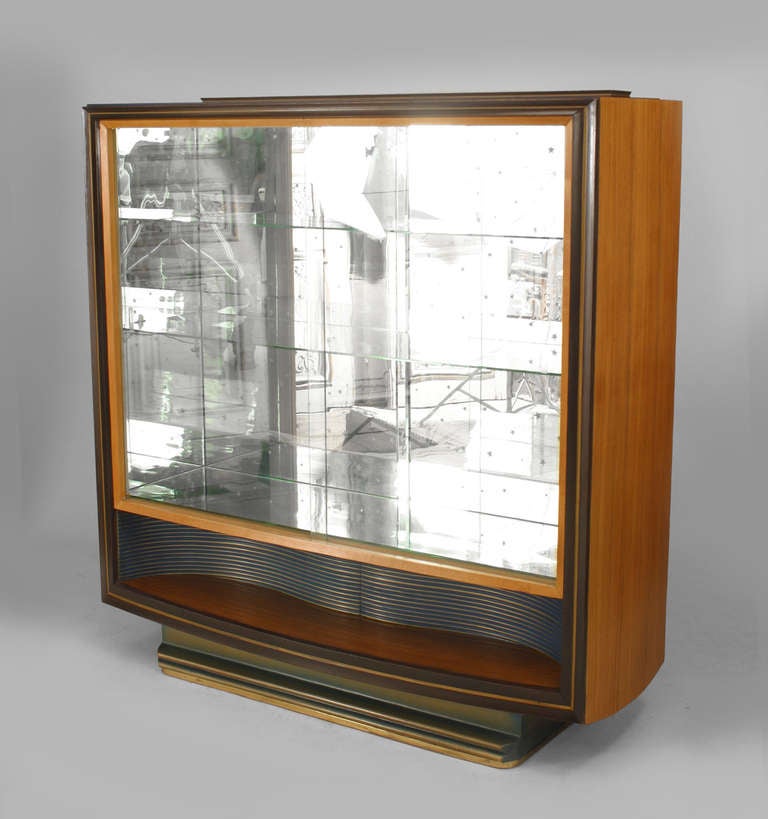 Italian Mid-Century (1950s) walnut and maple vitrine cabinet with a Pair of sliding glass doors and 2 interior shelves with a blue glass top (Attributed to VITTORIO DASSI) (Enzo Ferrari)
