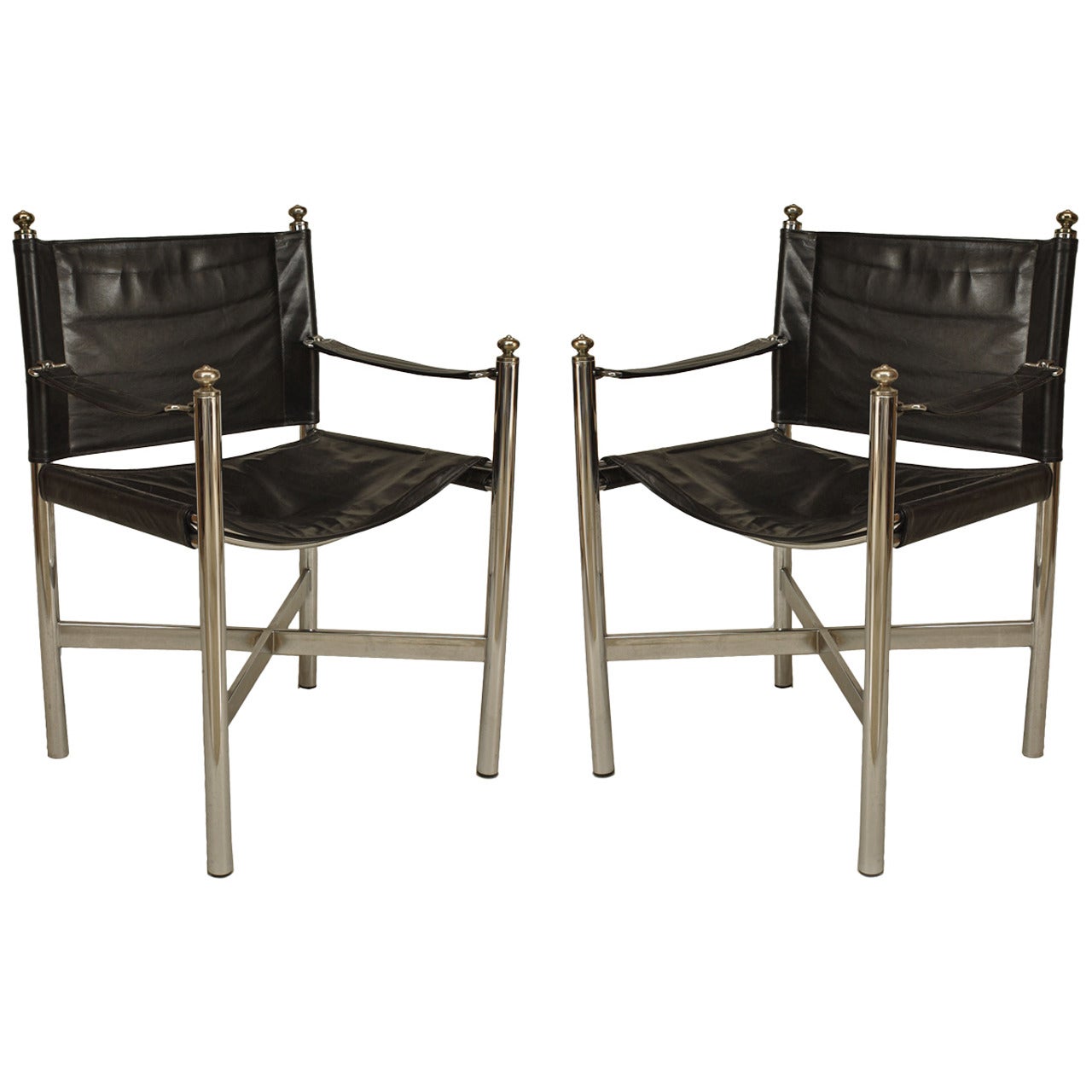 Pair of American Art Moderne Chrome and Leather Armchairs