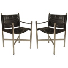 Pair of American Art Moderne Chrome and Leather Armchairs