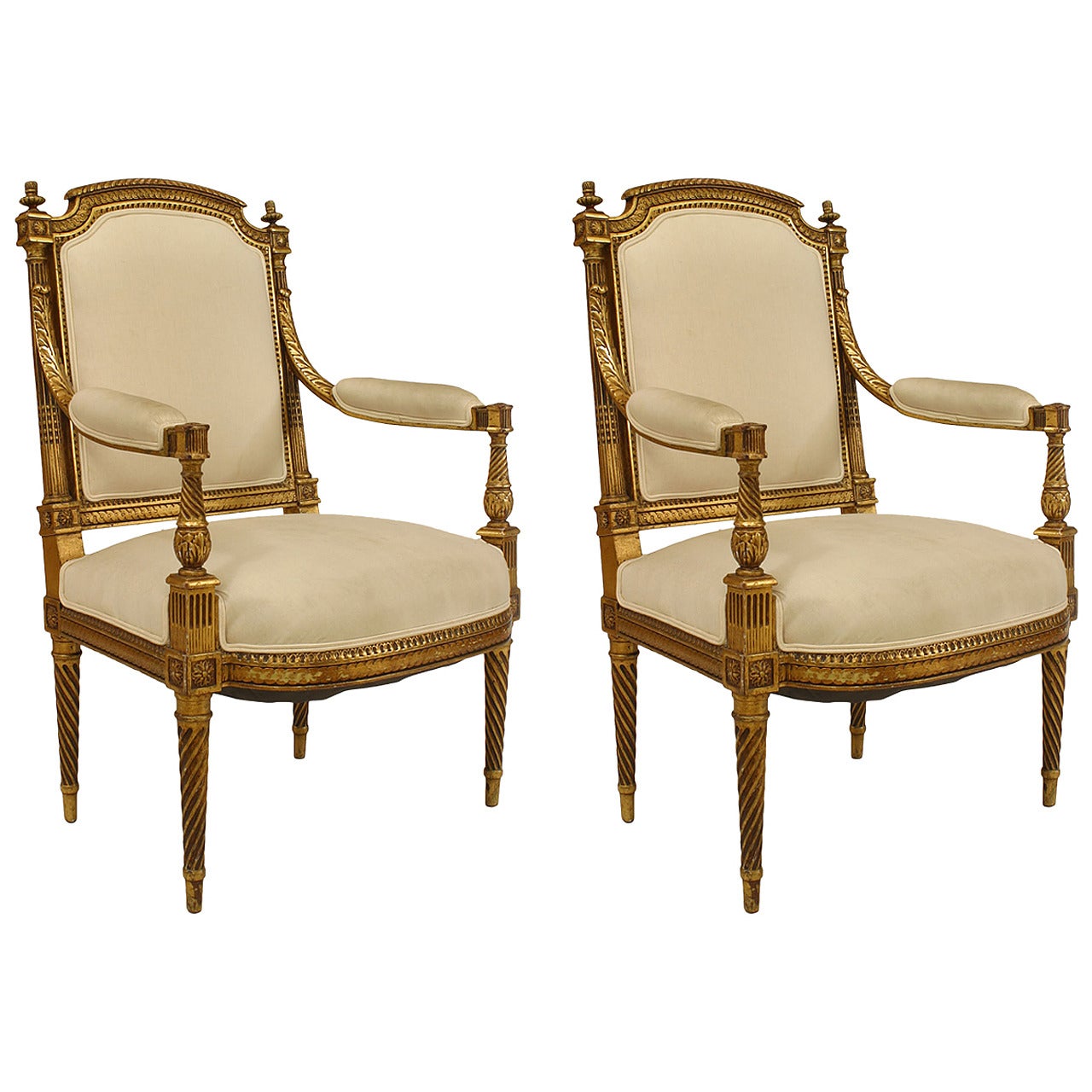 Pair of 19th Century French Louis XVI Gilt Carved Armchairs