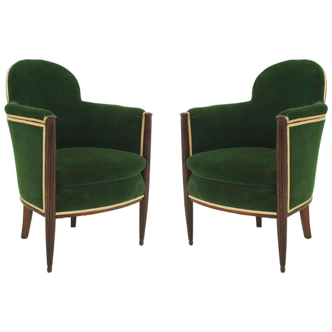 Pair of French Art Deco Green Velvet-Upholstered Mahogany Bergeres