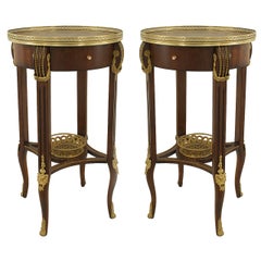 Antique Pair of French Louis XVI Brass and Floral Inlaid End Tables