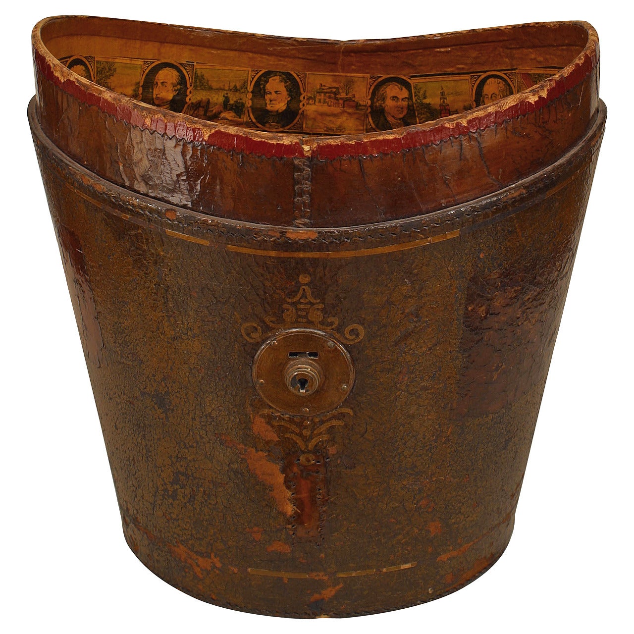 19th Century American Red Leather Top Hat Box with Decoupage Memorabilia