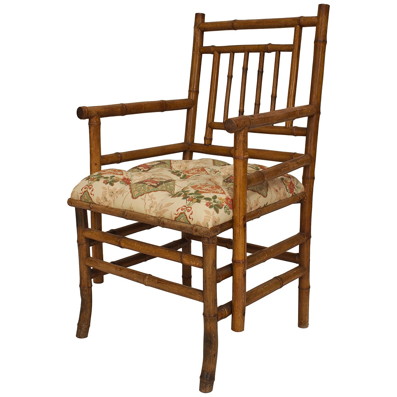 Bamboo Floral Upholstered Arm Chair For Sale